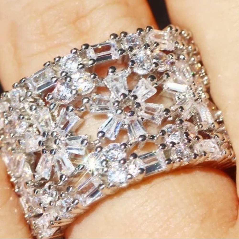 Sterling Silver Floral CZ Wide Band Ring - Clear